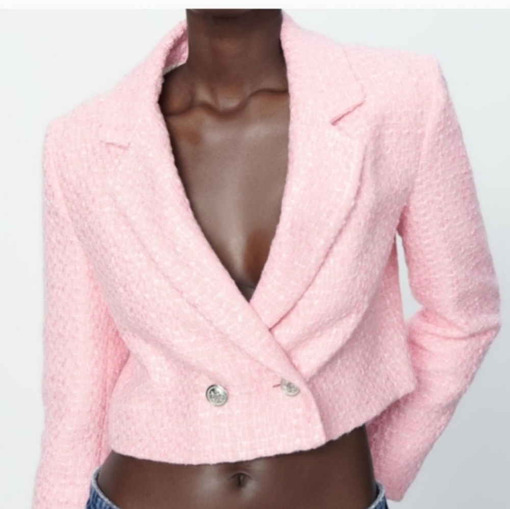 Zara Tweed Textured Cropped Blazer Pink Size XS - Picture 13 of 16